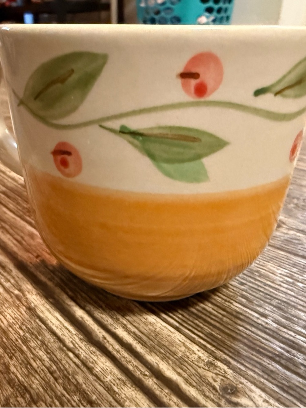 Floral Ceramic Mug Yellow White Green Pink Glossy Pottery Round‎ Pattern